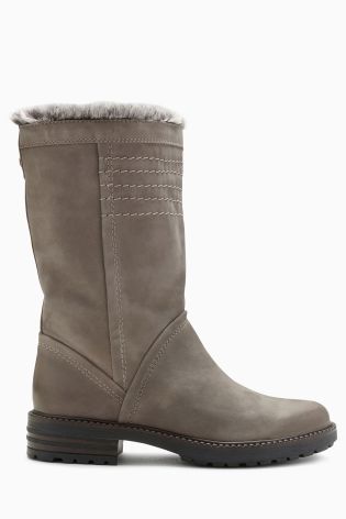 Grey Leather Stitch Slouch Boots